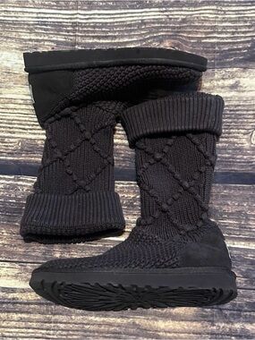 UGG AUSTRALIA WOMENS Black Knit Diamond-Pattern Tall Boots